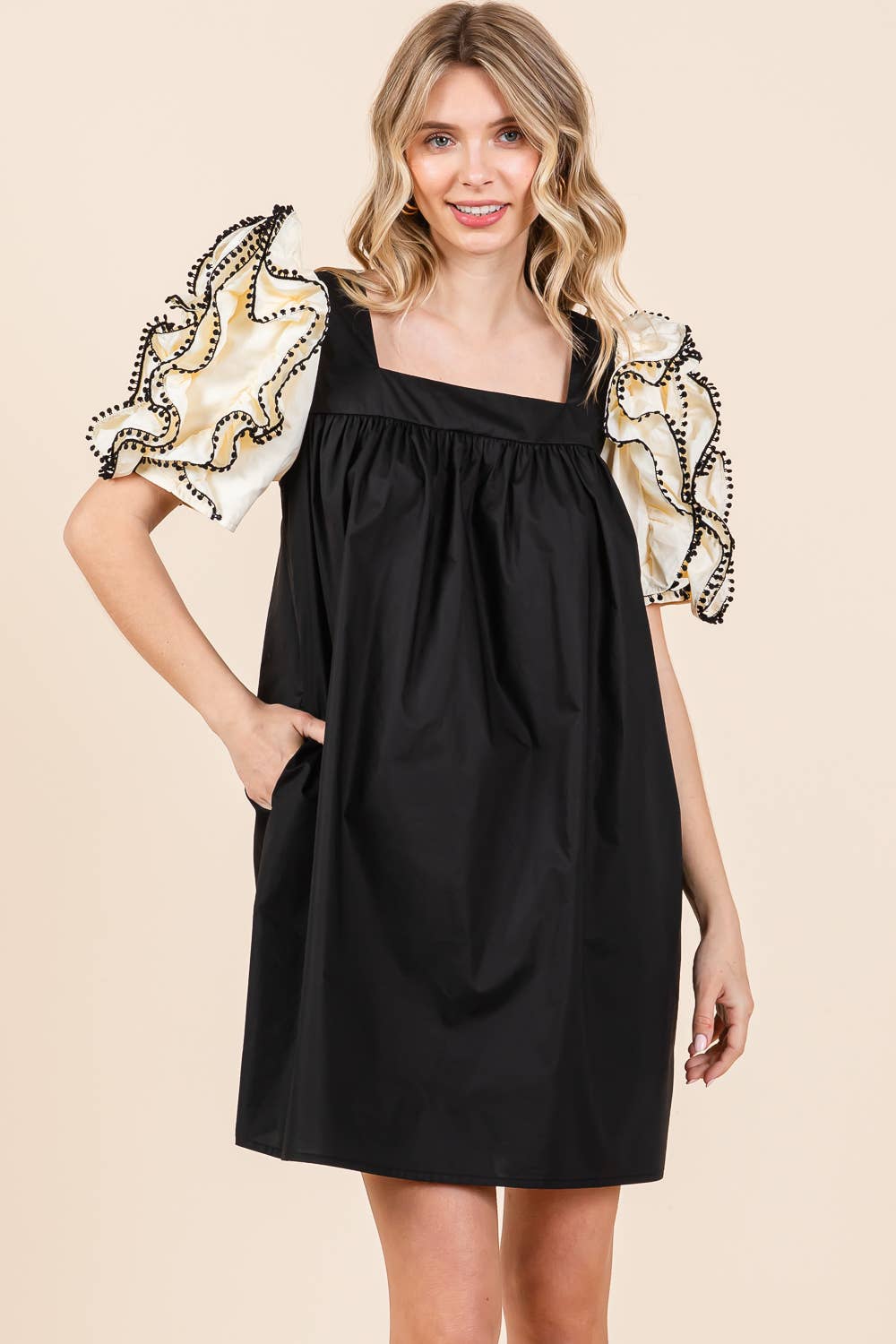 Layered Ruffled Puff Sleeve Mini Dress