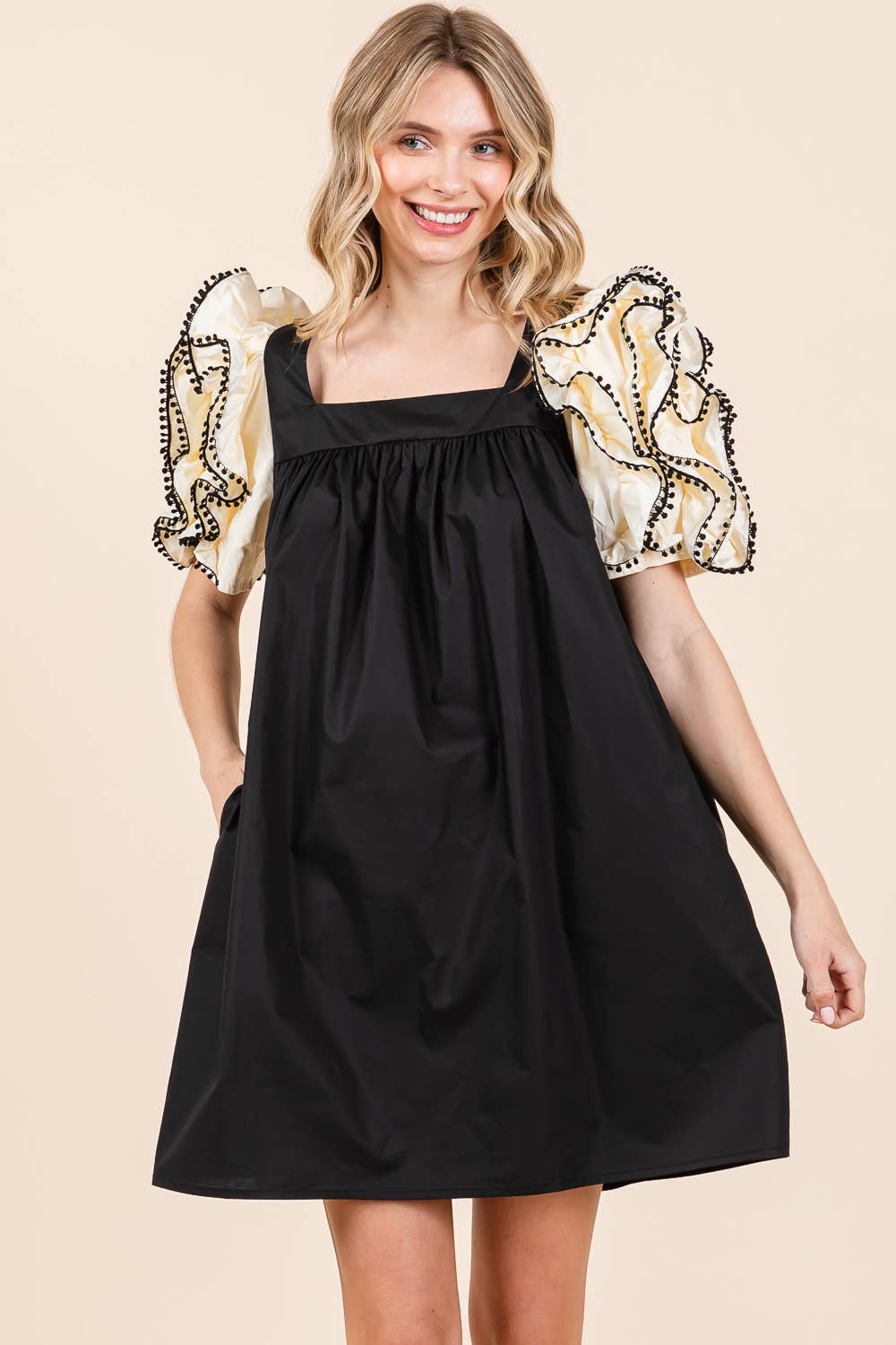 Layered Ruffled Puff Sleeve Mini Dress