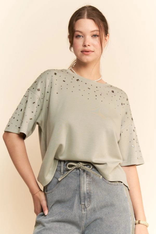 Studded Short Sleeve Oversized Top