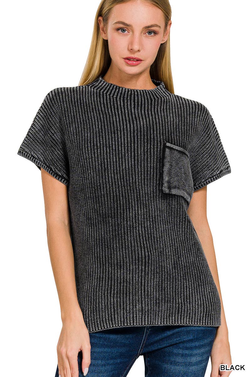 Black: Washed Mock Neck Short Sleeve Sweater