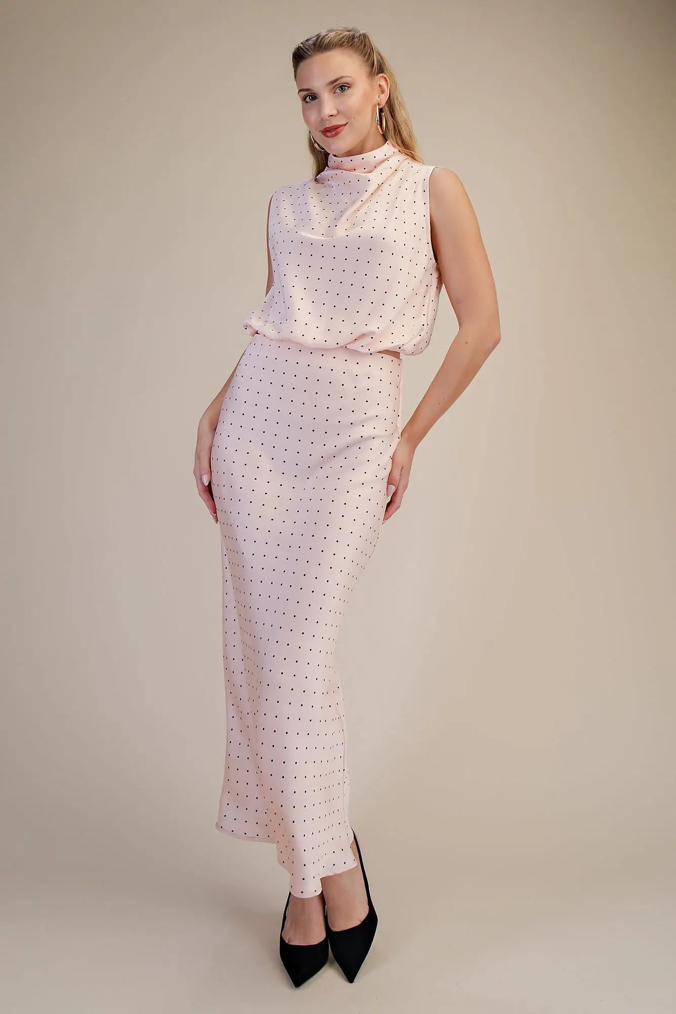 Pink Polka Dot High Neck Sleeveless Top & Midi Skirt