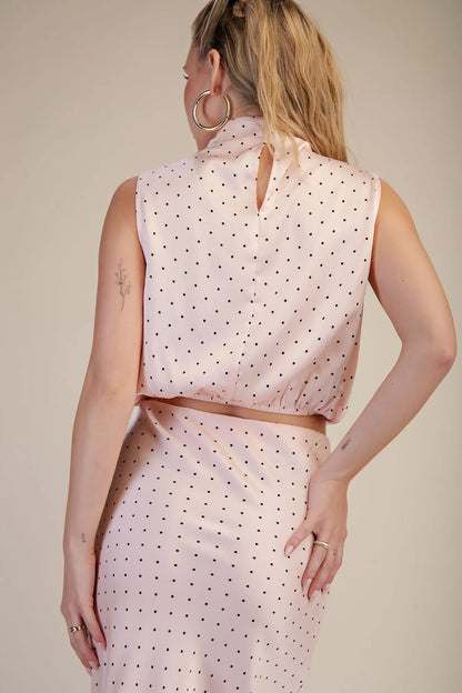 Pink Polka Dot High Neck Sleeveless Top & Midi Skirt