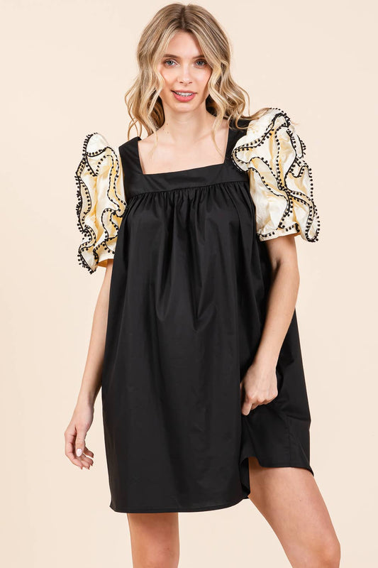 Layered Ruffled Puff Sleeve Mini Dress