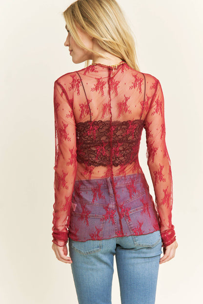 MESH Long Sleeve Fitted Top: Red