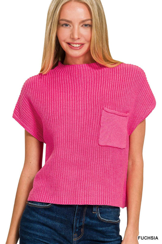 Fuschia Mock Neck Short Sleeve Crop Sweater