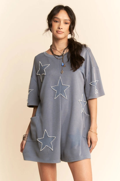 Denim Wash Pearl Star Romper