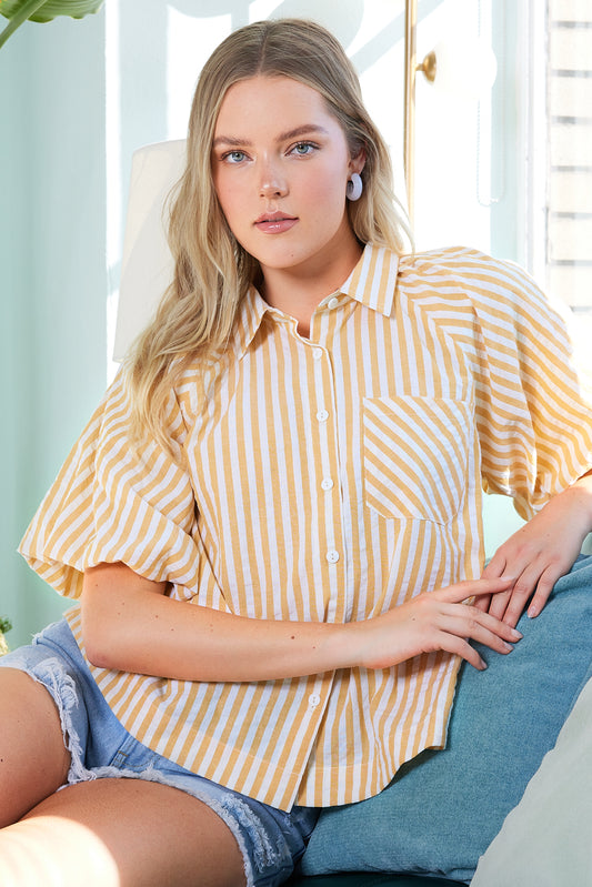 Mustard Puff Sleeve Button Up