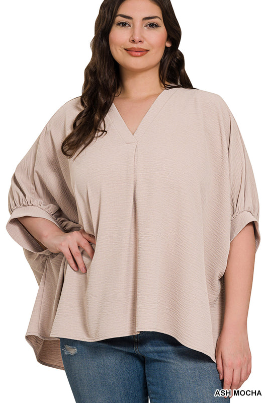 Curvy: V-Neck Puff Half Sleeve Top