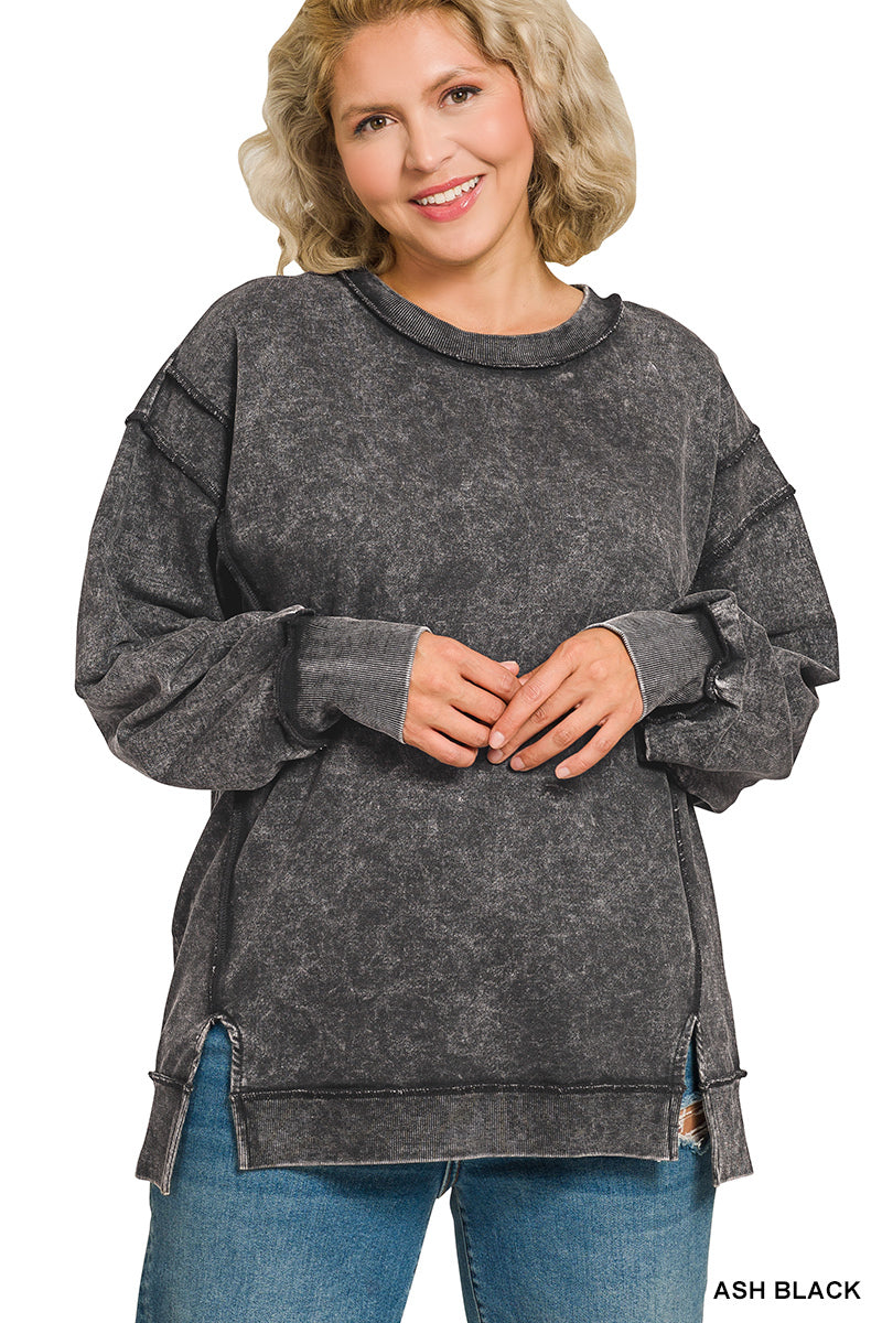 Curvy: Acid Wash Exposed-Seam Sweatshirt