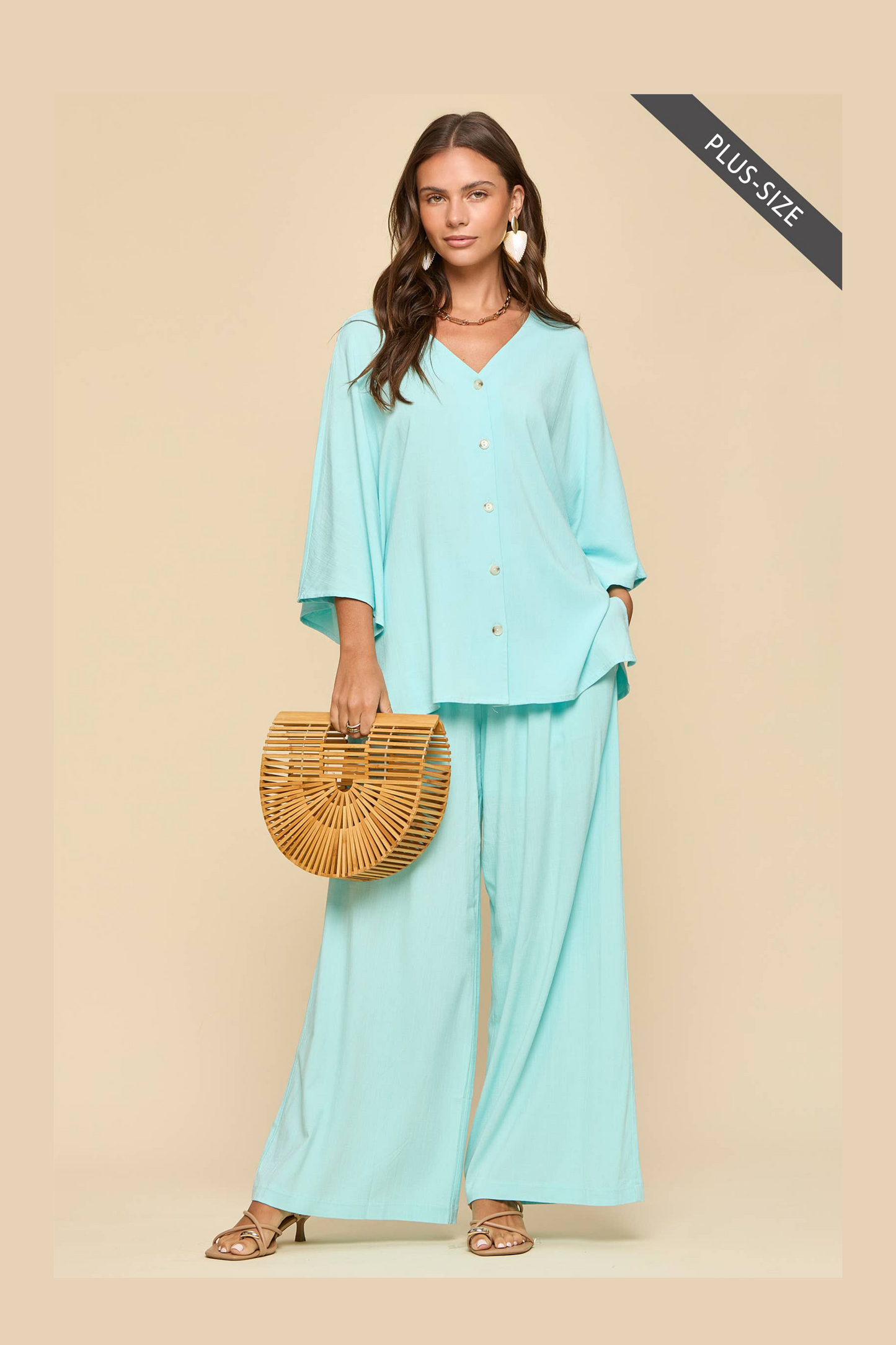 Curvy: 2-Piece Linen Summer Set: Baby Blue