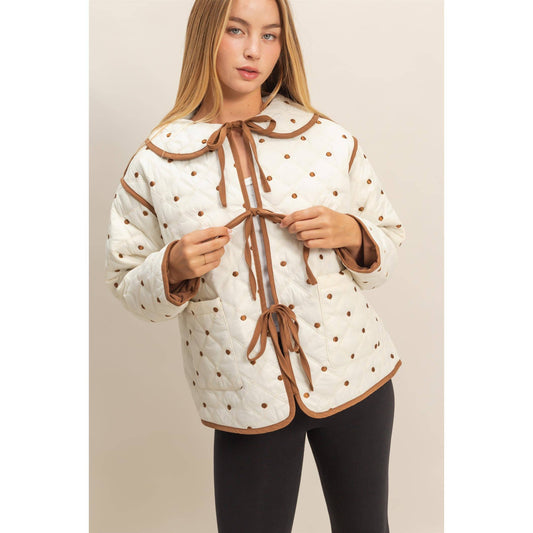 Polkadot Quilted Front Tie Jacket