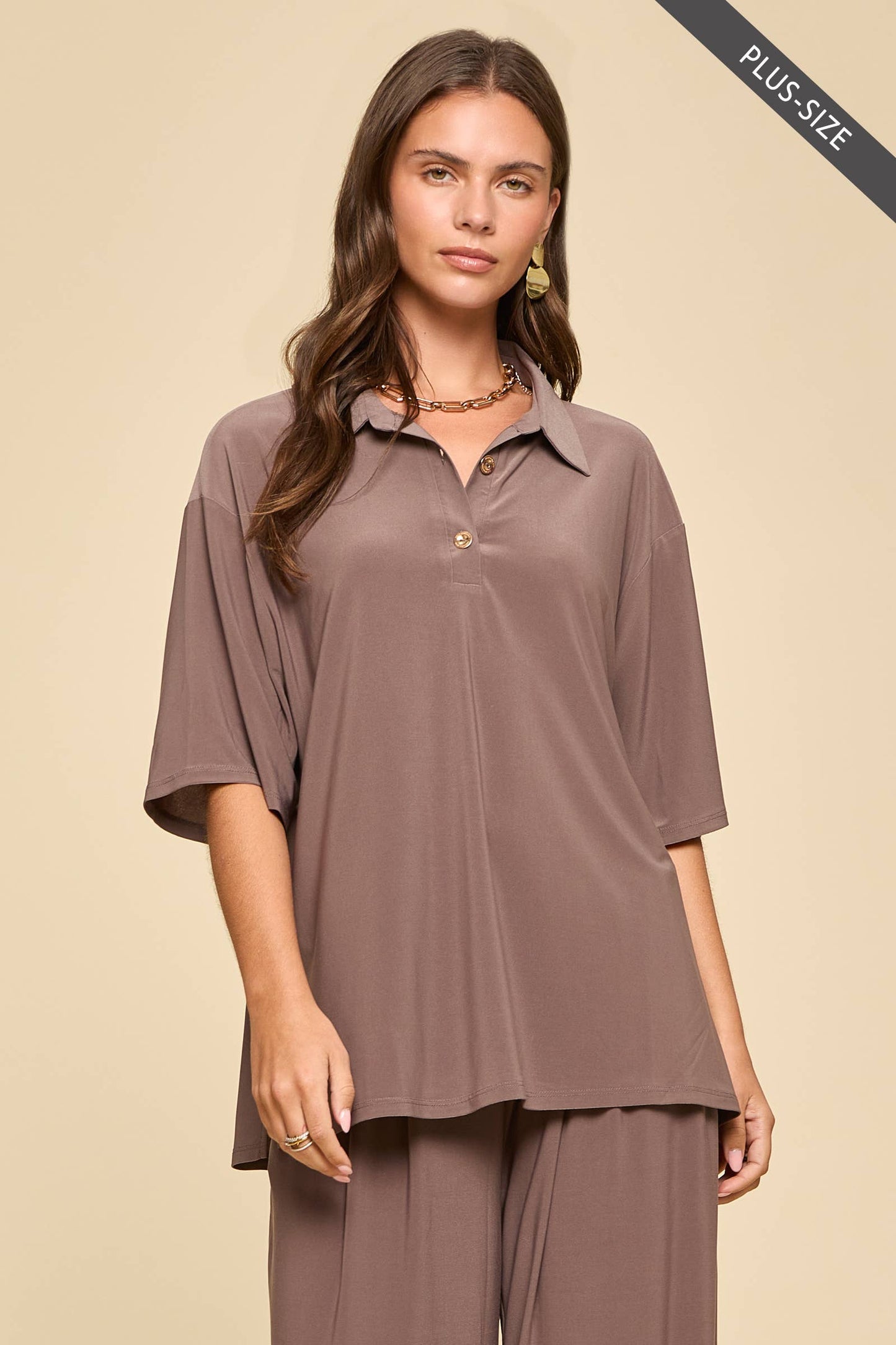 CURVY Blouse + Relaxed Pants Resort Wear Set: MOCHA