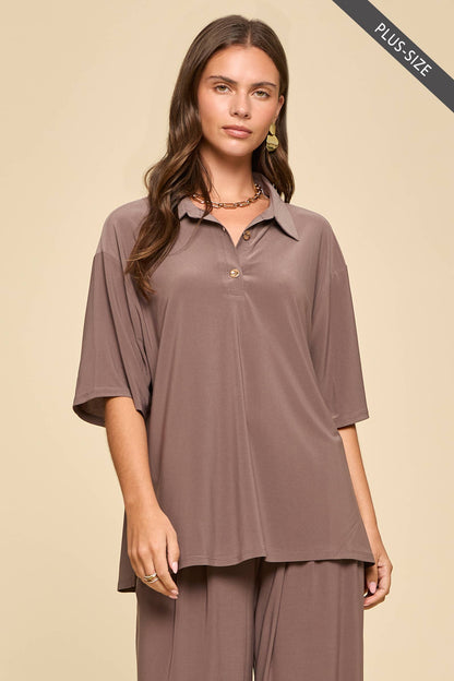CURVY Blouse + Relaxed Pants Resort Wear Set: MOCHA