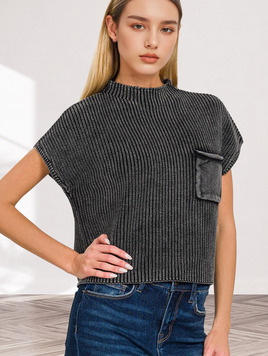 Black: Washed Mock Neck Short Sleeve Sweater