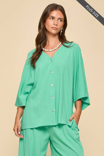 Curvy 2-Piece Linen Summer Set: Emerald