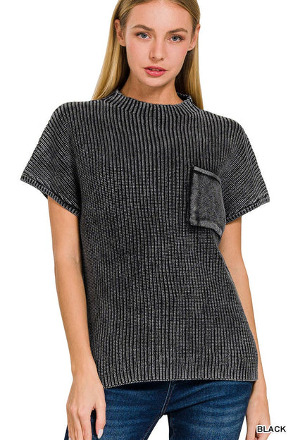 Black: Washed Mock Neck Short Sleeve Sweater