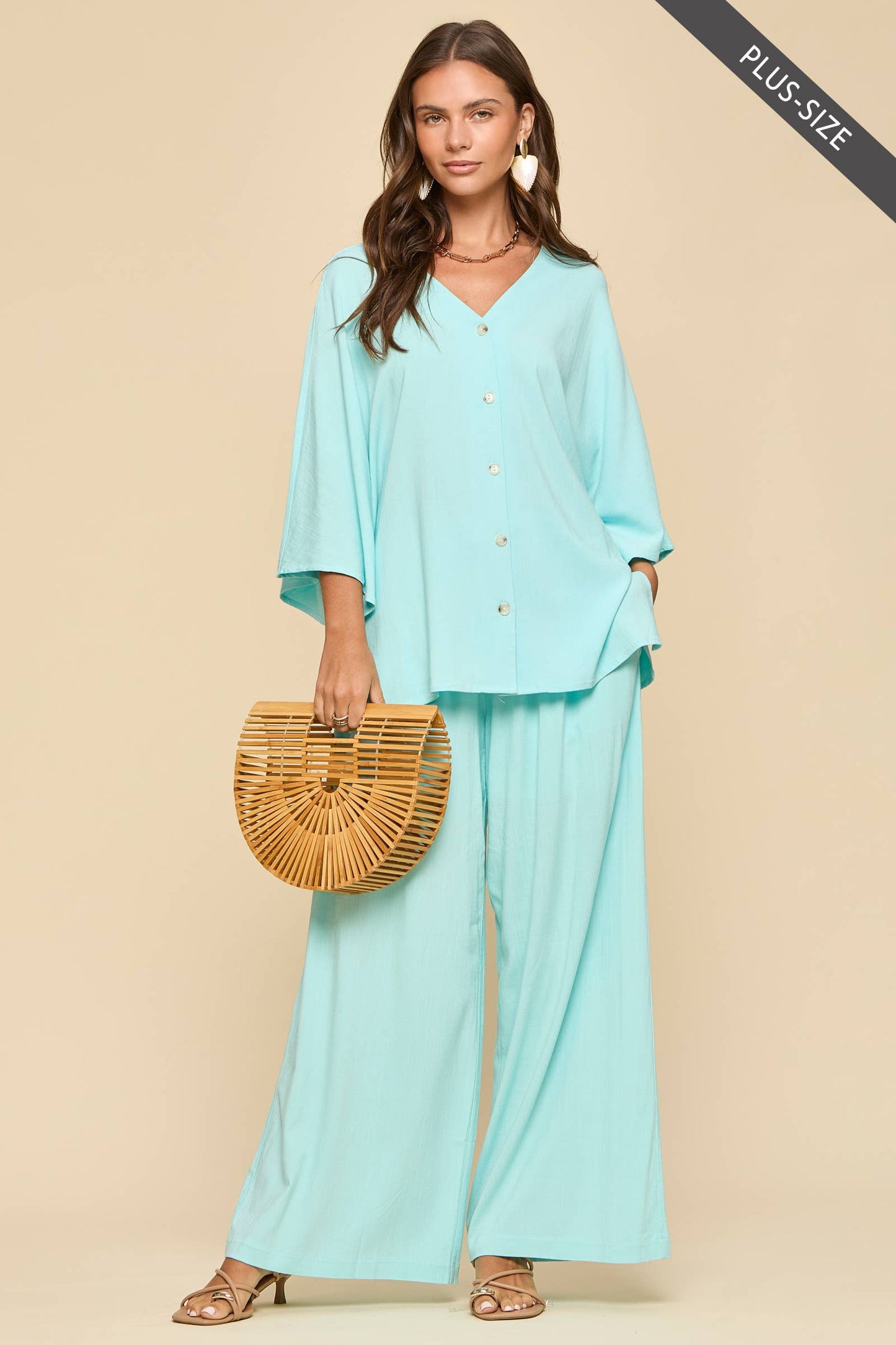 Curvy: 2-Piece Linen Summer Set: Baby Blue