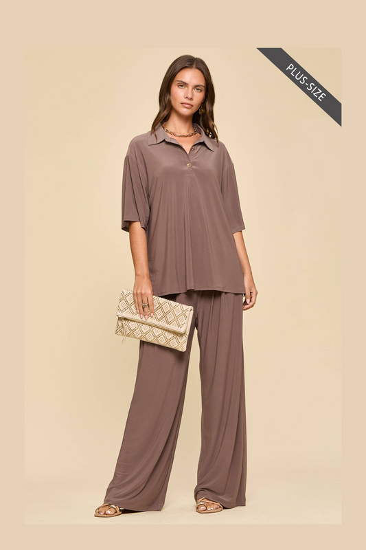 CURVY Blouse + Relaxed Pants Resort Wear Set: MOCHA